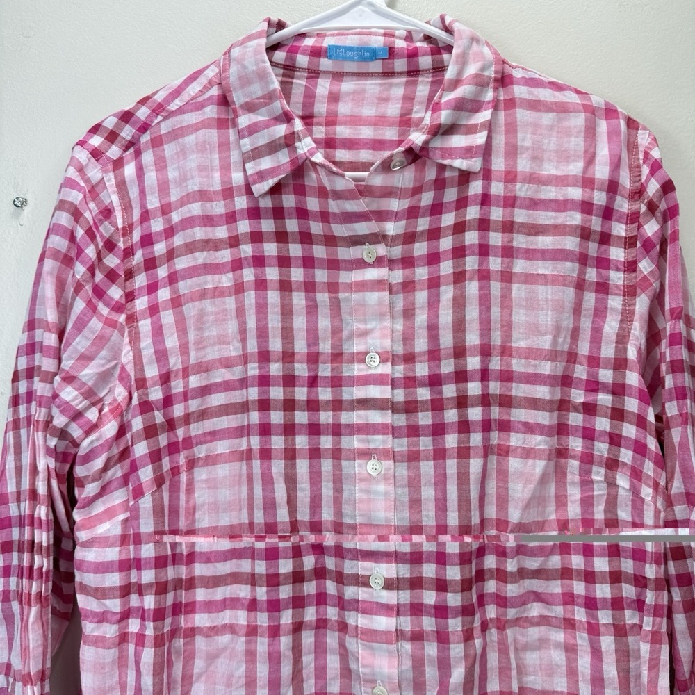 J McLaughlin Pink Plaid Button Shirt Cotton Long Roll Tab Sleeve Classic MEDIUM - Picture 4 of 10